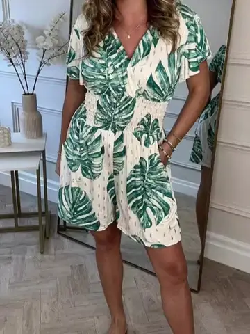 Female Print Jumpsuit Fashion Short Sleeve V Neck Shorts Jumpsuits For Women Casual Boho Holiday Beach Womens Clothing Summer