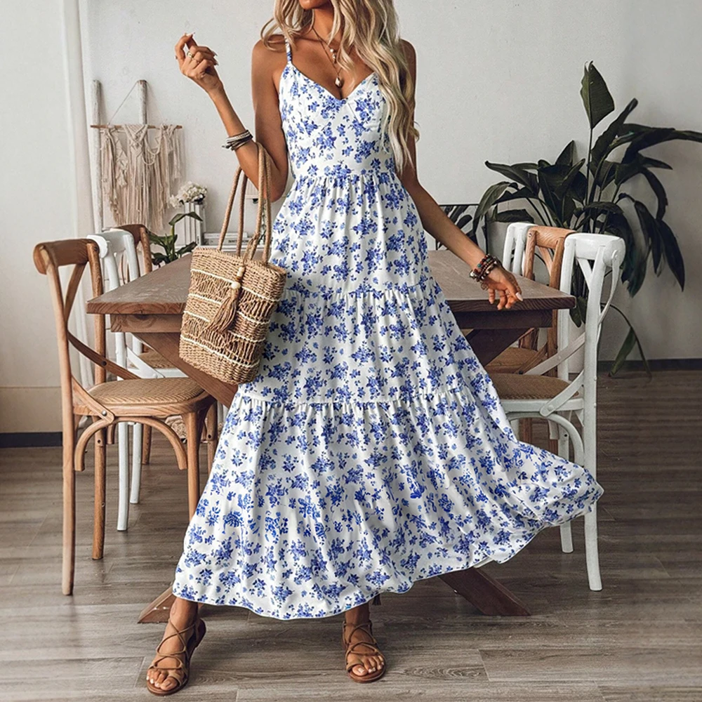 

Mia Muse Dresses Summer French Ditsy Floral Layered Sleeveless V-Neck Nipped Waists Draped Beach Midi Dresses For Women