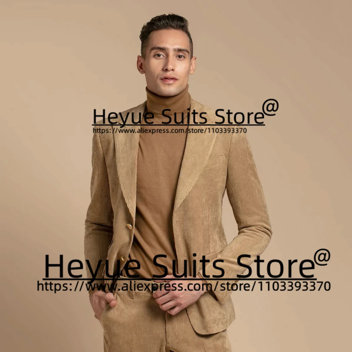 

khaki Fashion Corduroy Suits For Men Slim Fit Custom Peak Lapel Groom Formal Tuxedos 2 Pcs Sets Casual Male Blazer Costume Homme