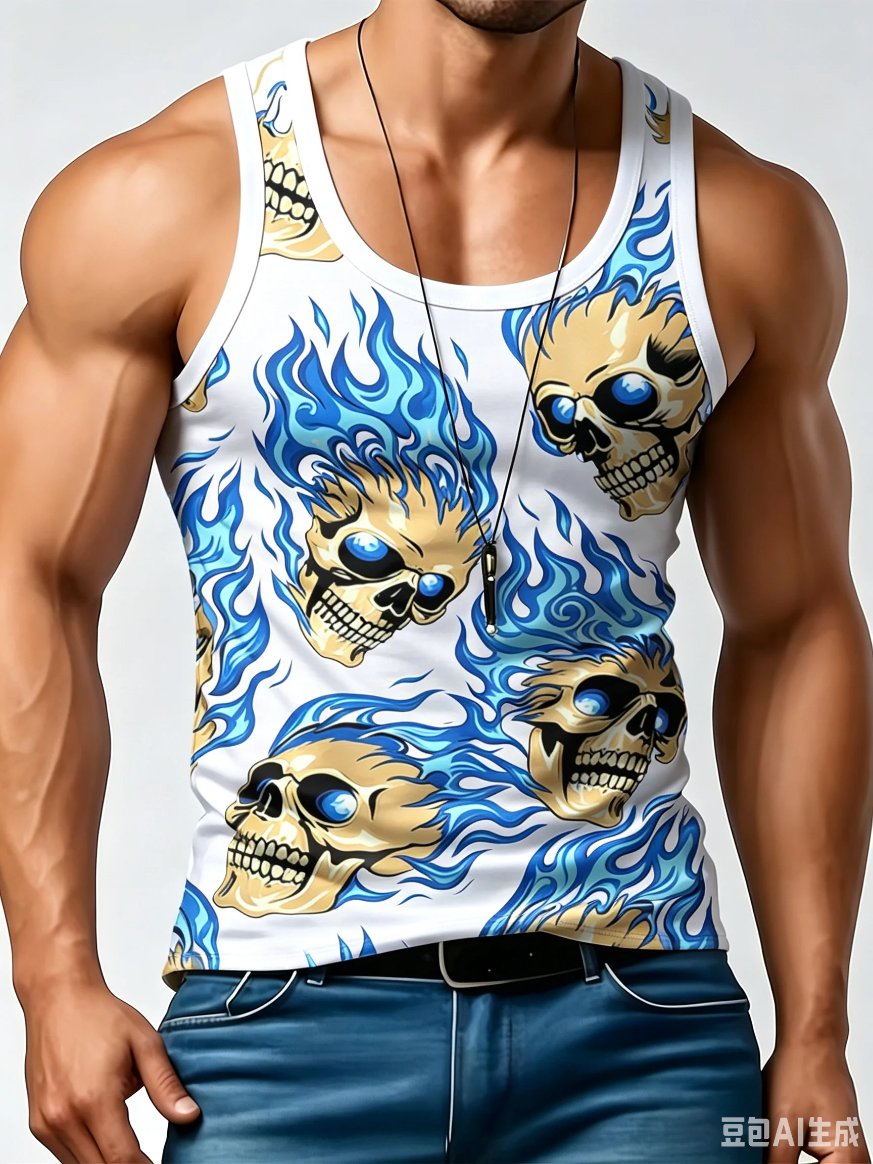 Gothic Blue Fire Skull Graphic Tank Top Men All Over Print Sleeveless Summer Workout Street Quick drying thin style Vest
