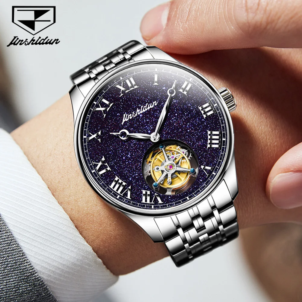 Reloj JSDUN 831 True Tourbillon para hombre, reloj de lujo Retro a escala romana de alta calidad, reloj mecánico automático con espejo de zafiro para hombre