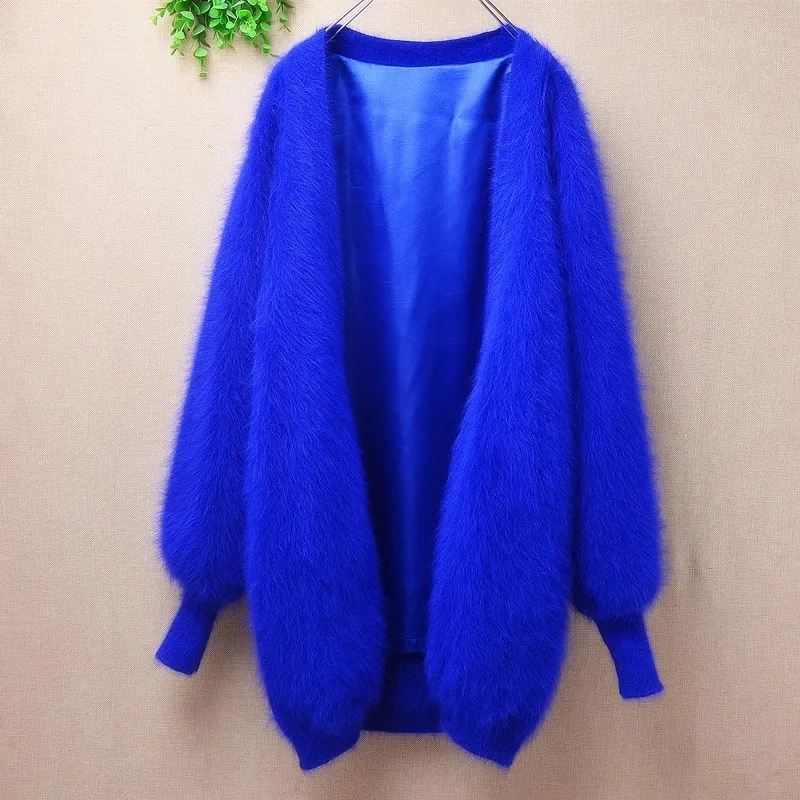 Female Women Spring Autumn Clothing Hairy Mink Cashmere Knitted Long Lantern Sleeves Loose Mantle Cardigan Angora Jacket Sweater