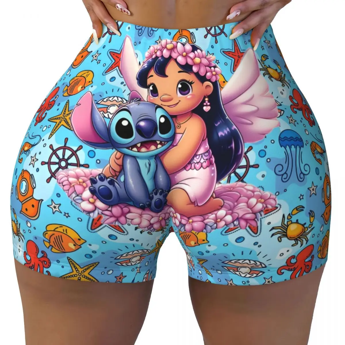 

Изготовленные на заказ байкерские шорты Lilo Stitch с героями мультфильмов для тренировок, волейбола, женские классические шорты для йоги в тренажерном зале