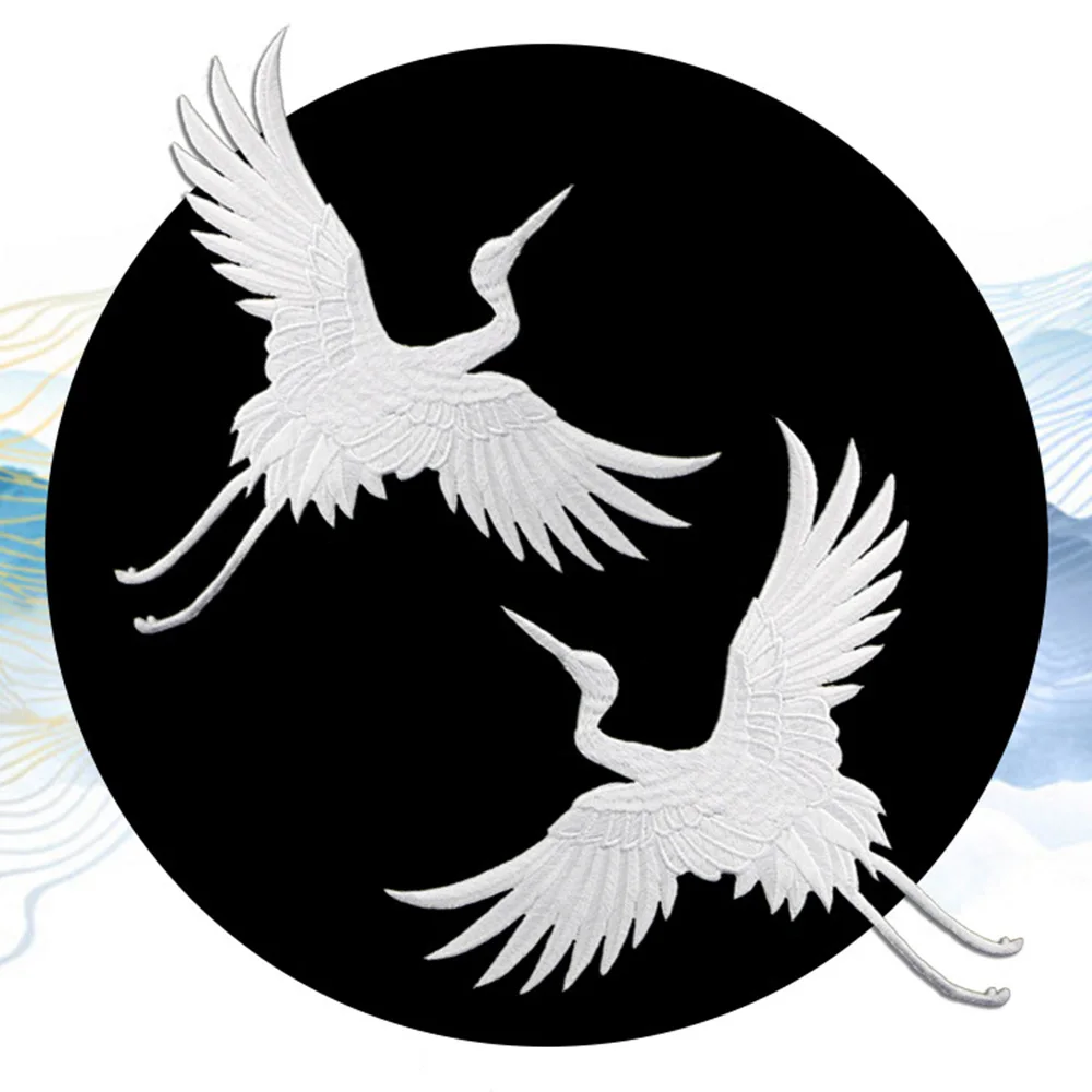 Chinese Style Embroidery Stickers, Black and White Cranes, Iron on Fabric, Backing Stickers, Clothing Accessories, 1 Pc
