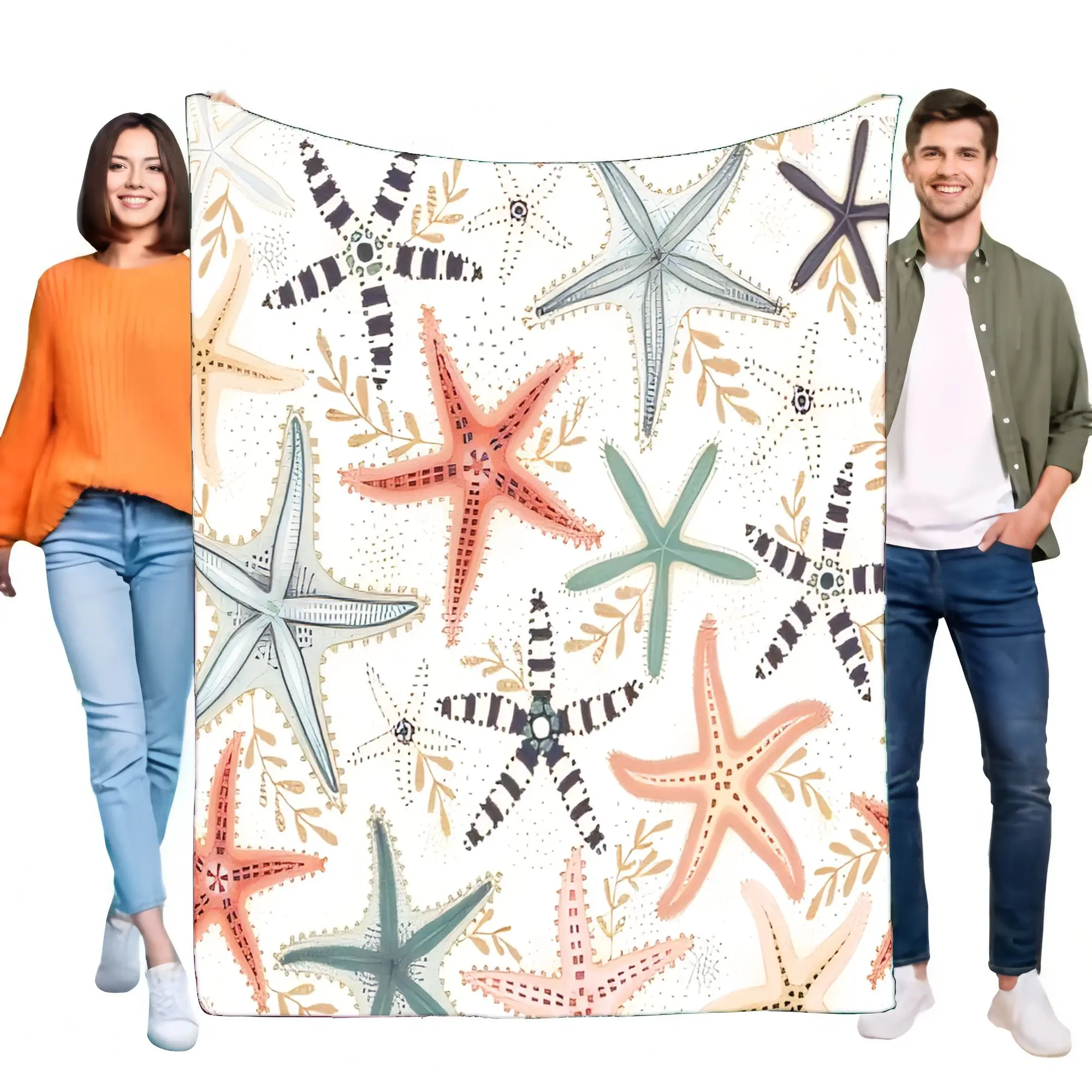 Vibrant Starfish Ocean Theme Blanket, Soft Flannel Fleece Lightweight Throw for Couch Bed, Cozy Coastal Home Decor Gift