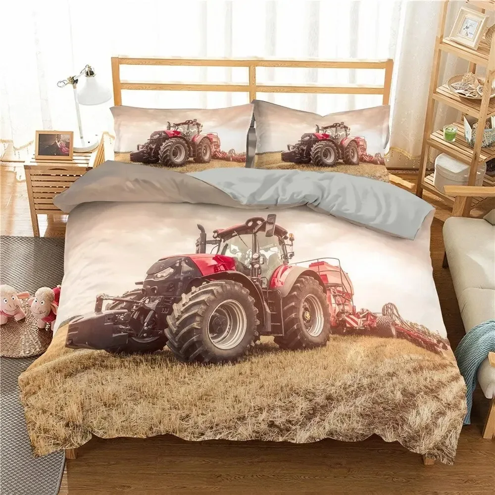 Retro Tractor King Queen Duvet Cover Car Bedding Set Engineering Vehicle Quilt Cover Farm Tool Cart  Polyester Quilt Cover