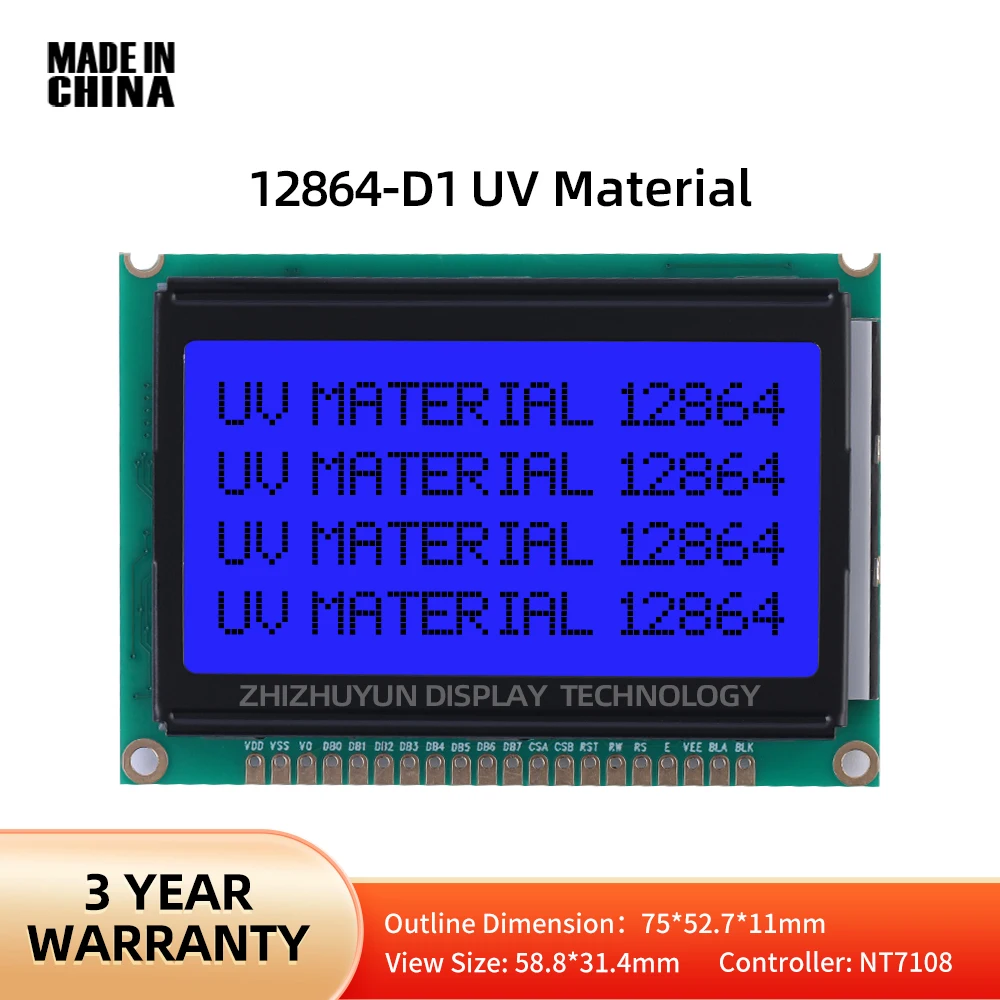 

Factory Direct 12864-D1 UV Material LCD Screen Blue Film NT7108 Control 128*64 Low power LCD display