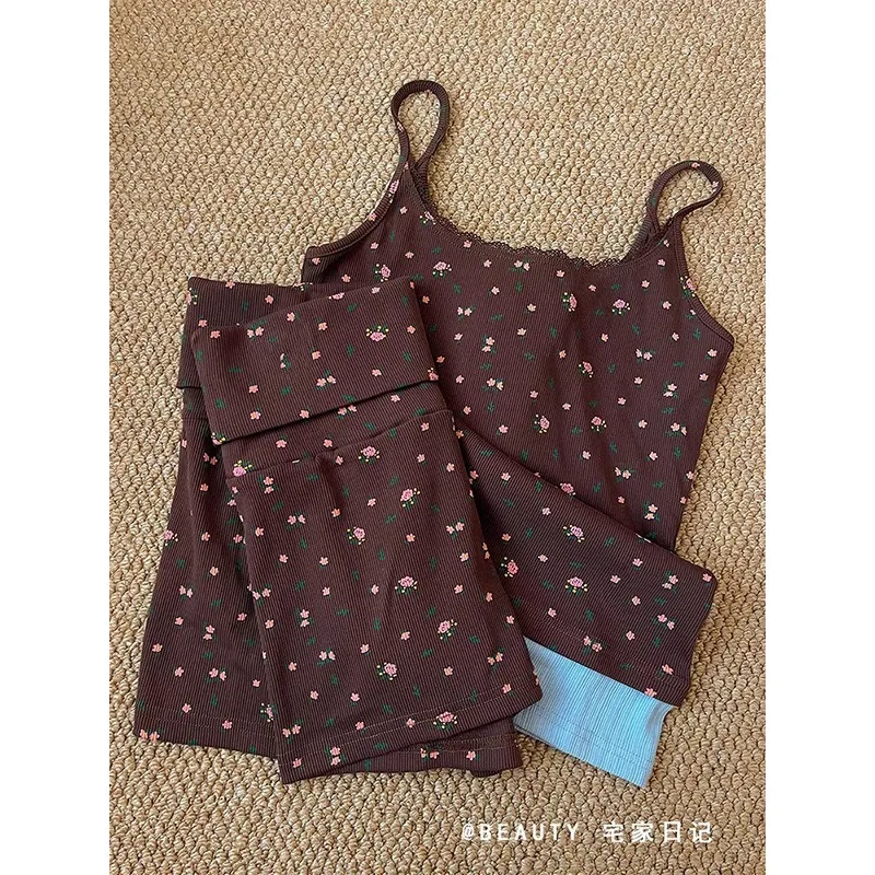 

2025 Fashion Korean Summer Slim Fit Printed Sleeveless Pajama Set Plus Size Two Piece Lounge Wear Outdoor Indoor Comfort Cozy