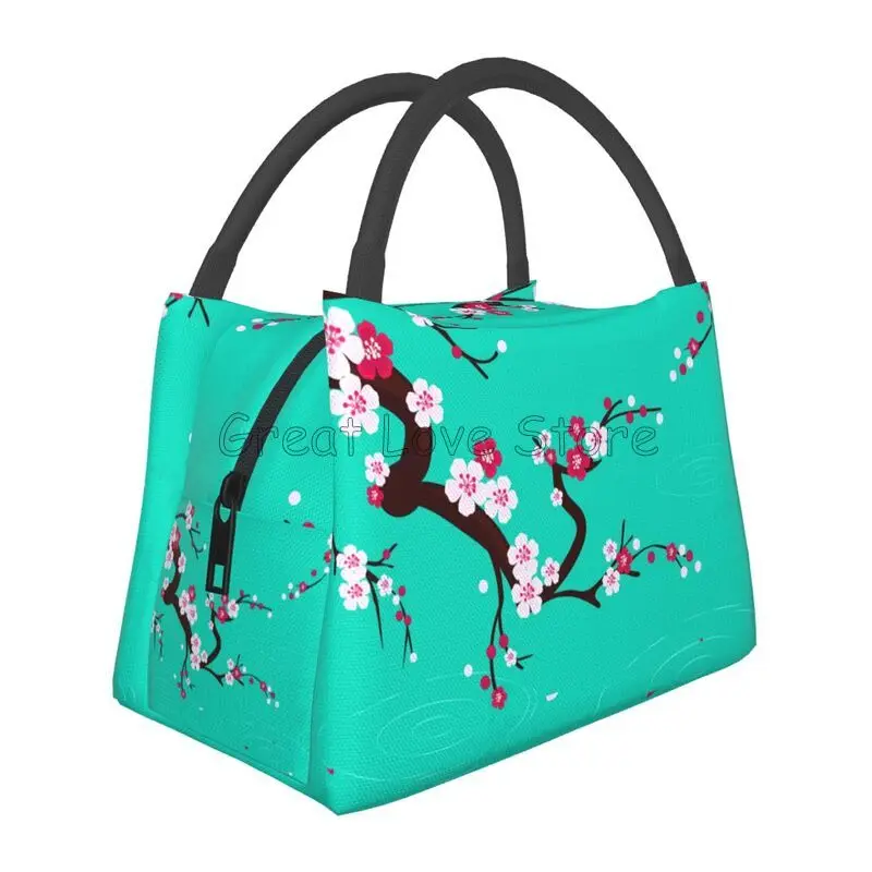 Japanese Sakura Cherry Blossoms Print Thermal Lunch Bag Women Reusable Portable Insulated Lunch Box for Travel Picnic Work