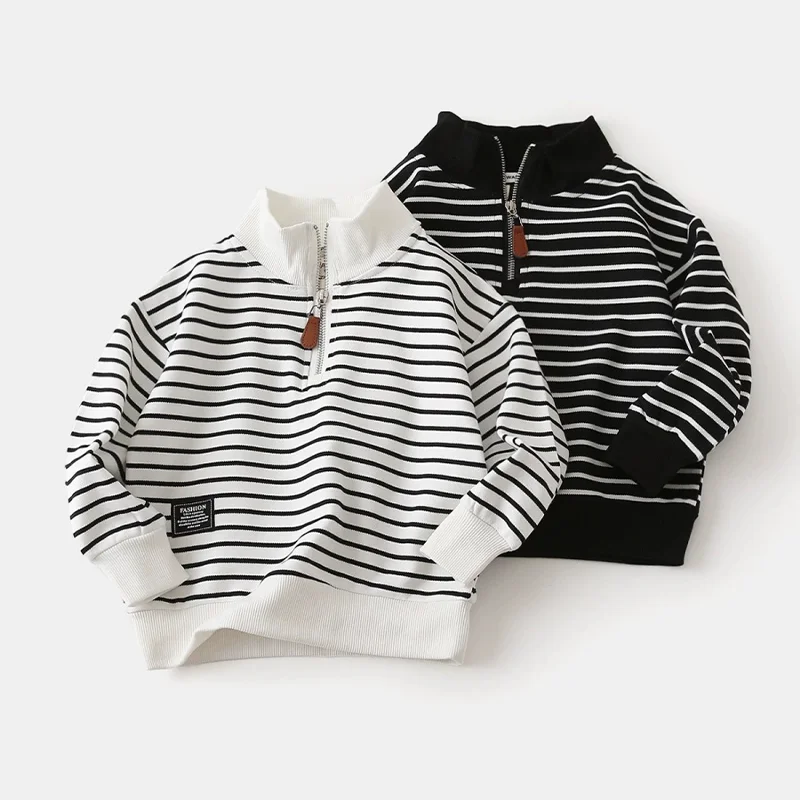 Boys Striped Sweatshirt 2-8 Years Kids Half Zip Stand Collar Long Sleeve Pullover Spring Autumn Letter Label Thin Top