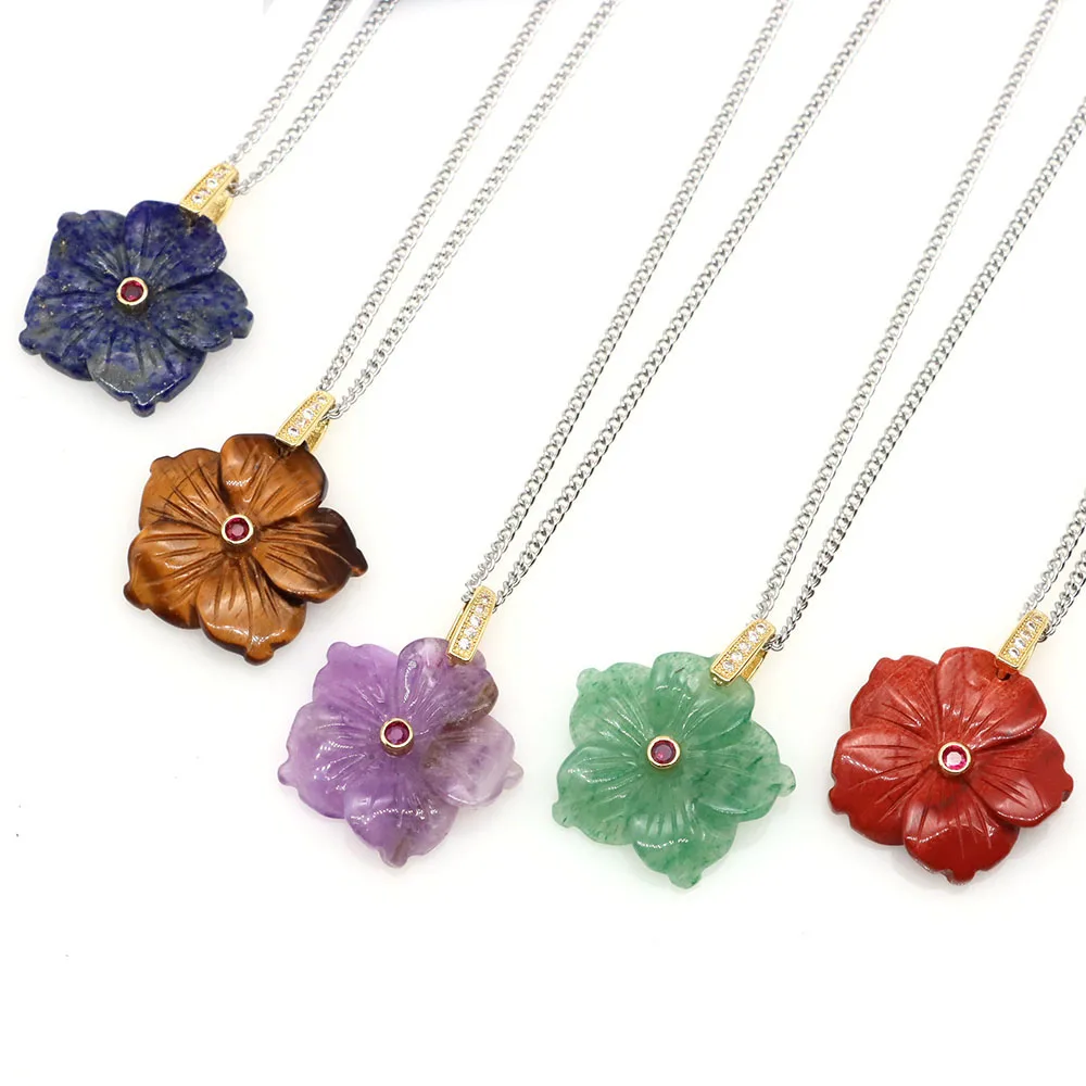 

28mm Crystal Flower Pendant Natural Stone Carved Amethyst Rose Quartz Zircon Necklace DIY Jewelry Bead Charm Accessories