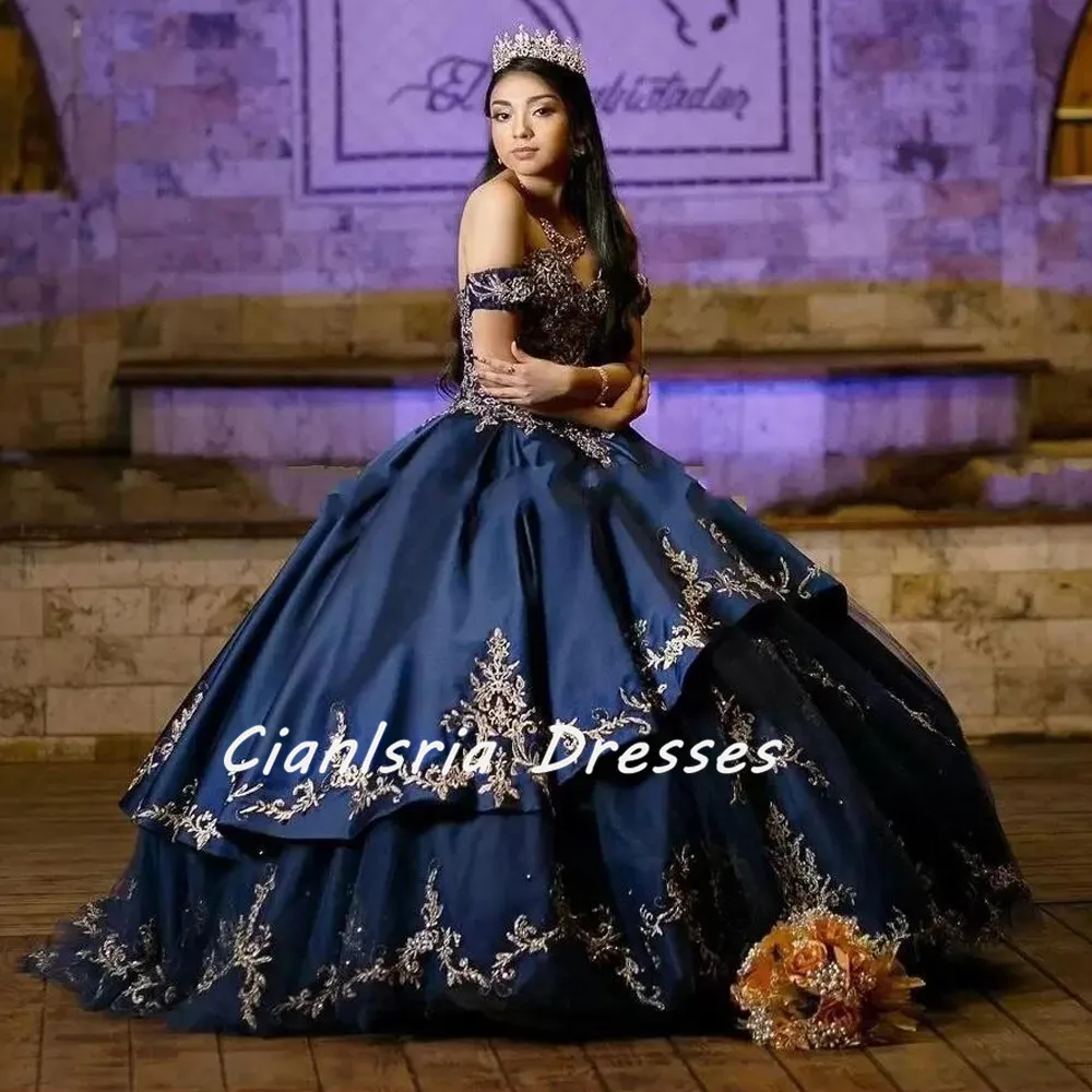 2022 Gorgeous Puffy Embroidered Quinceanera Dresses Nave Blue Satin With Gold Lace Off Shoulder Detachable Skort Sleeves Beaded