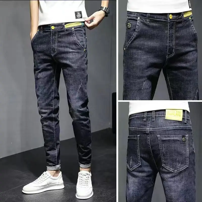 Calça jeans casual com lápis masculina, calça jeans stretch azul e cinza, roupa estilo coreano, marca de luxo, nova, primavera e outono, 2024