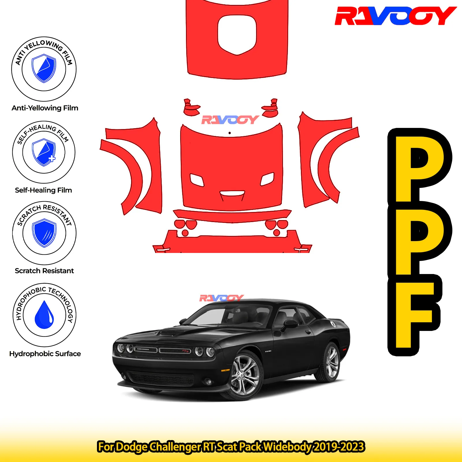 

Для Dodge Challenger RT Scat Pack Widebody 2019-2023, глянцевая матовая черная предварительно вырезанная передняя пленка PPF, защитная пленка для краски