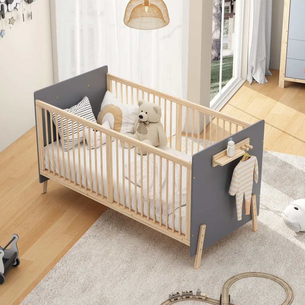 163x80x92cm Solid Wood Adjustable Baby Cot, Bed with Three-stage Height