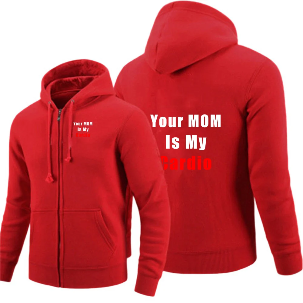 2026 Your Mom Is My Cardio Gym Print Men's New Spring Autumn Solid Color Zipper Hoodie Zip-Up Drawstring Long Casual Sweatshirt