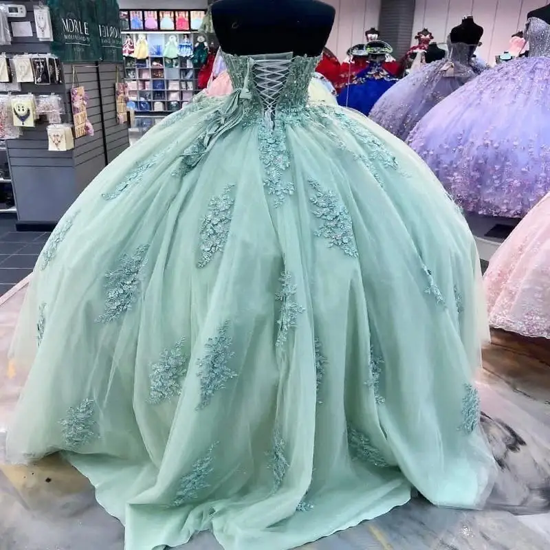 Sage Green Shiny Quinceanera Dresses Ball Gown Sweetheart Applique Beads Tulle Floral Puffy Mexican Sweet 16 Dresses 15 Anos