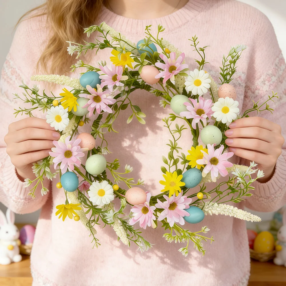 

Easter Wreath with Artificial Flowers & Eggs, Spring Garland Decor for Home & Staircase