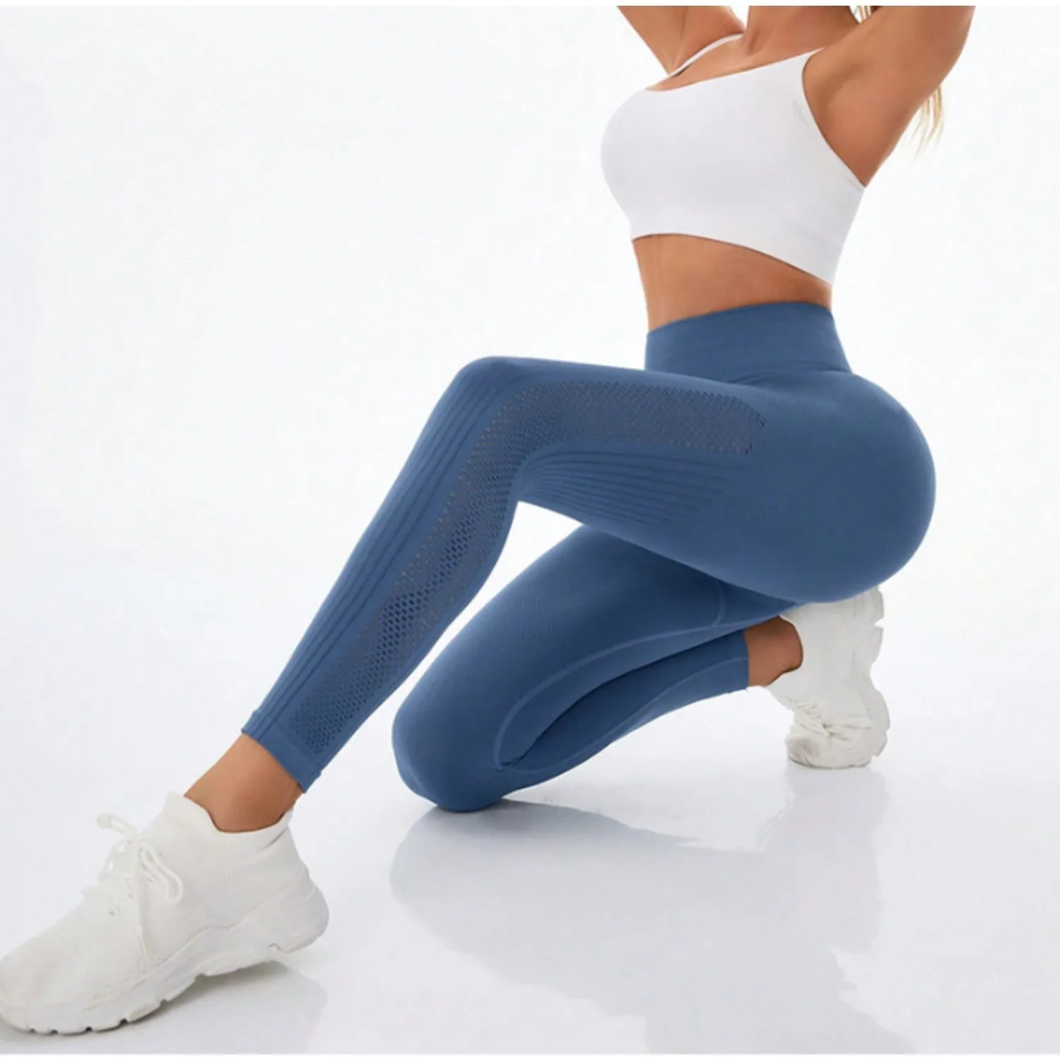 Bezszwowe damskie spodnie do jogi z siateczki, z wysokim stanem, modelujące pośladki, seksowne, ażurowe, dzianinowe spodnie do ćwiczeń, biegania, jogi i legginsy.