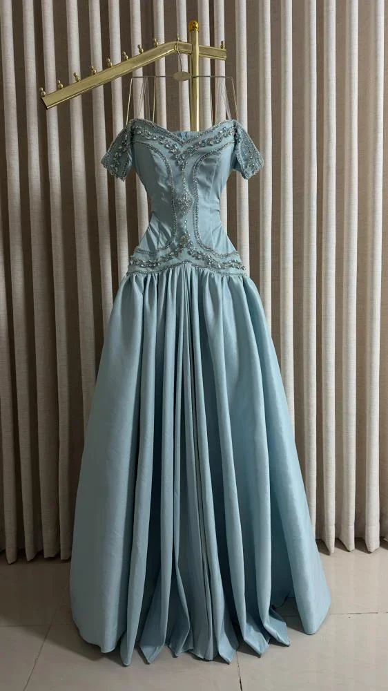 Customized Off Shoulder Satin Evening Ball Gown Cap Sleeve Beaded Prom Dress A-Line Formal Dress for Wedding Guest
