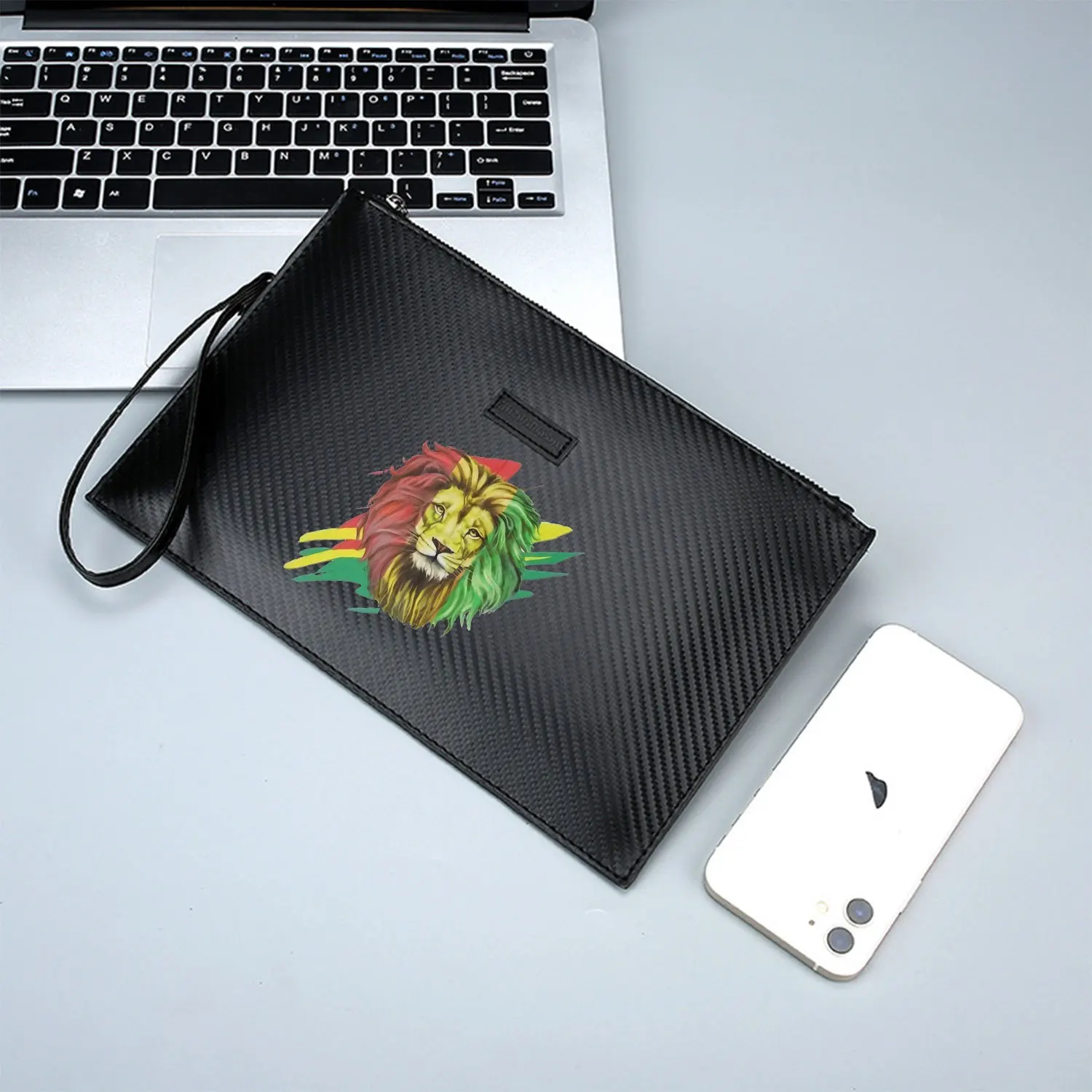 Lion head colors,red,yellow,green design. Elegant Printed PU Men's Handbag Fashionable and Practical for Everyday Carry