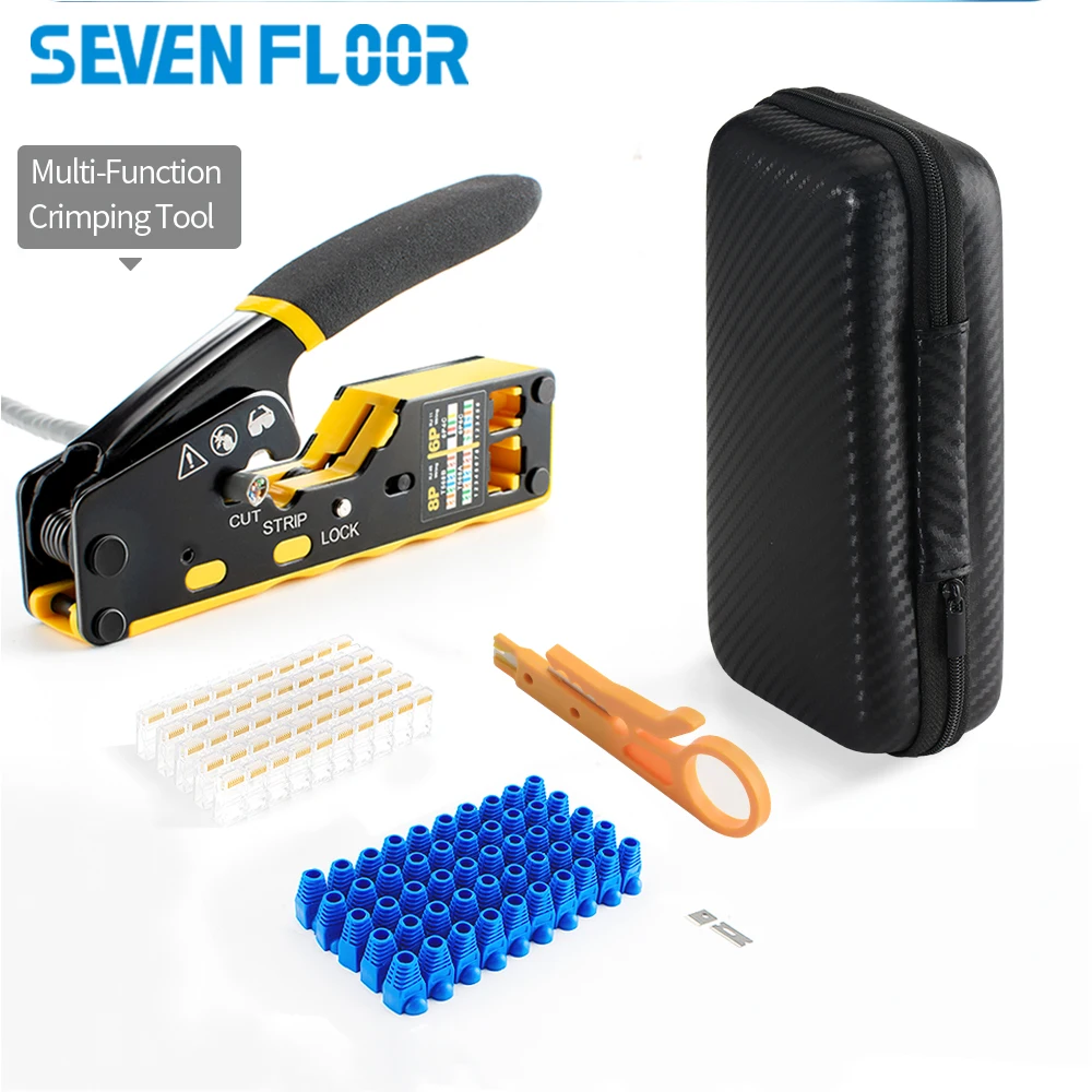 Cat6 Pass-Through RJ45 Crimp Tool Kit, 8P/6P Network Crimper Pliers, Wire Stripper 20Pcs RJ45 Connectors & Strain Relief Boots