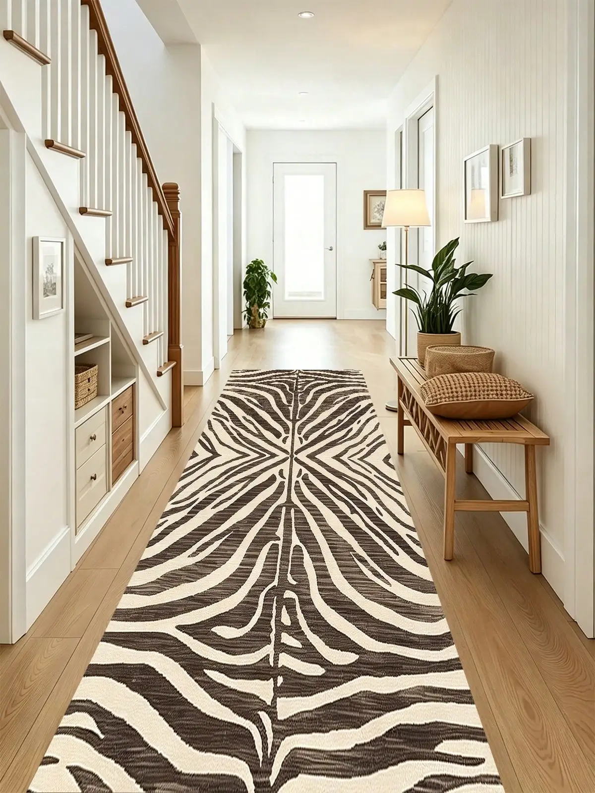 Neutral Beige Black Symmetric Zebra Animal Stripe Print Long Runner Mats Entryway Mats Bathroom Rugs Kitchen Carpets Laundry Room Decorative Mats Balcony Rugs Comfort Standing Pads Modern Minimal Entry Hallway Home Decor