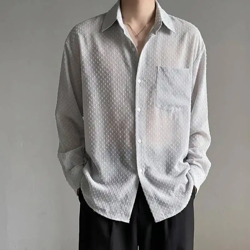 WVGA Spring Autumn New Men Hollowed Out Breathable Long Sleeve Shirt Niche Chic Casual Sunproof Turn-Down Collar Tops Ins W25458