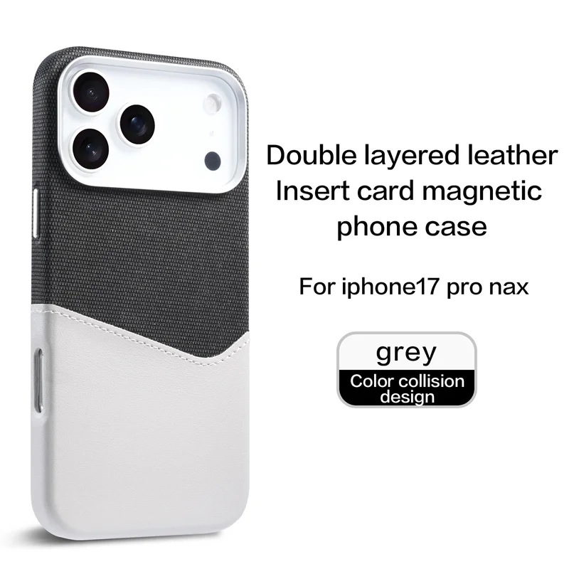 

Card Holder MagSafe Leather Case For iPhone 12 13 14 15 16 17 Pro Max Plus Pocket Wireless Charging Alloy Lens Hit Color Cover