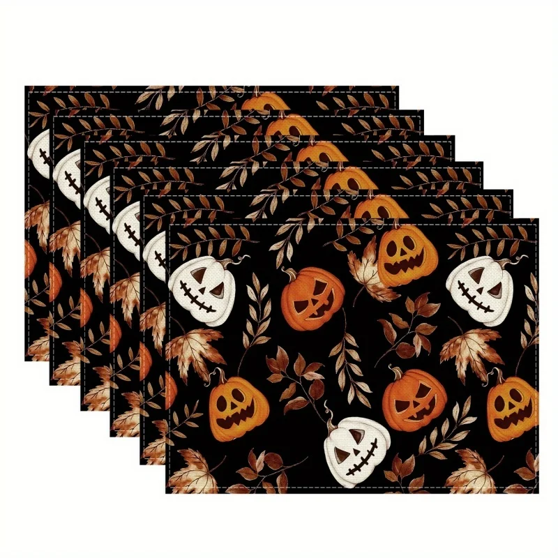 Halloween Pumpkin Leaf Placemats, Jack‑o‑lantern Printed Linen Table Mats, Fall Holiday Table Decor