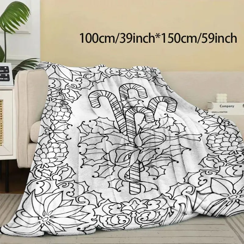 1pc Fluffy Throw Blanket, 2D Flat Line Art Christmas Candy Cane Floral Print, Warm Blanket for Sofa Bedroom, Camping Decor Gift
