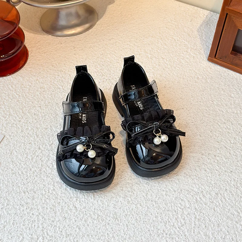 Children's small leather shoes girls' spring and autumn new pearl bow single shoes shiny children's performance