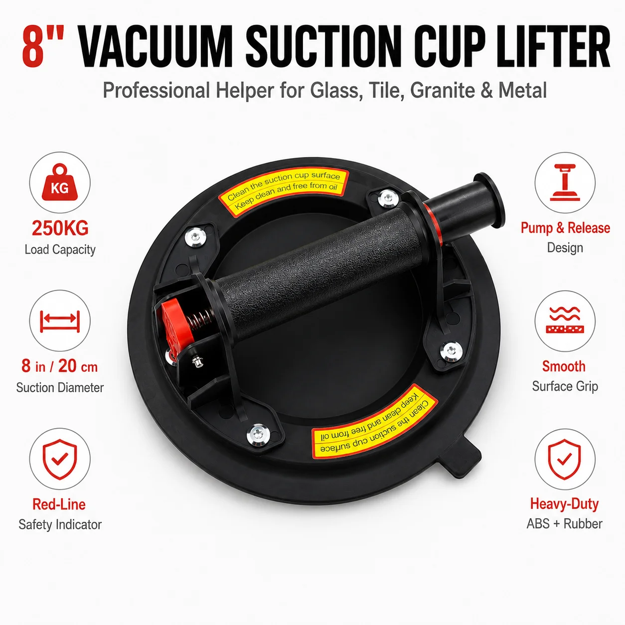 Heavy Duty Vacuum Suction Cup 8 Inch 200KG Glass Lifter, Quick Release Tile Lifting Tool for Glass Moving, Black/yellow 1/2 Pack