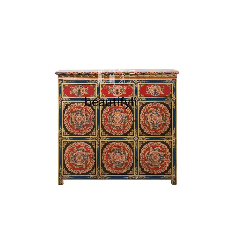 

New Chinese Style Sideboard Cabinet Solid Wood Antique Tibetan Hand Painted Shoe Cabinet Decorative Storage Cabinet Locker