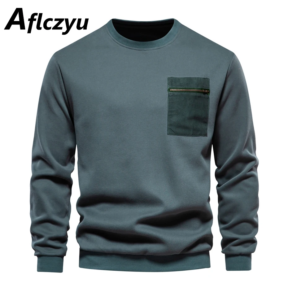 

Solid Color Sweatshirts Men Spring Autumn Pullover Male Fashion Casual Pocket Design Sweatshirt Black Khaki