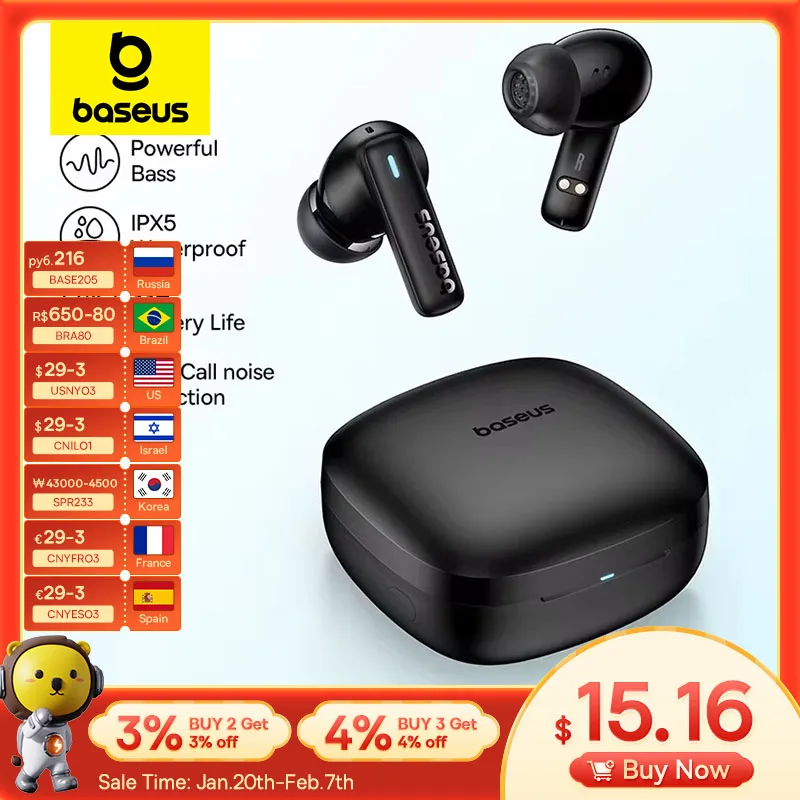 Baseus Bowie E19 True Wireless Earphones 12mm Drivers With Big Bass Bluetooth 5.3 33H Long Playtime IPX5 Waterproof Earbuds