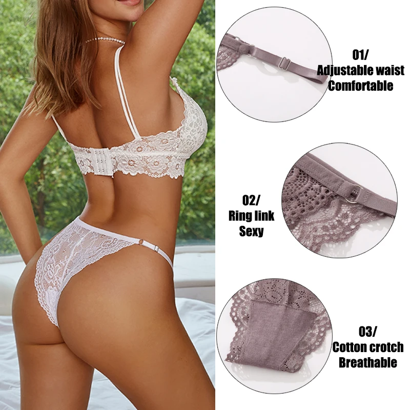 3PCS Women Sexy Lace Panties Adjustable Waist Underwear Low Rise Thongs G-String Pantys Female Breathable Intimates Lingerie