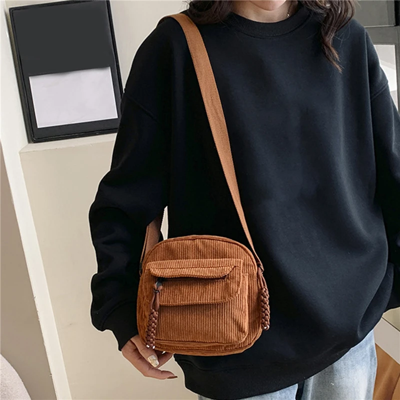 Simple Versatile Crossbody Bag Fashionable Casual Small Square Bag Personalized Commuting Shoulder Bag Corduroy Unisex Trend