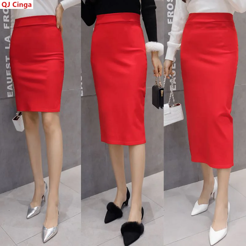 New Summer Collection: Bright Red Women's Skirts and Black Over-the-knee Skirt for The Office; Available in Asian Sizes S–3XL.
