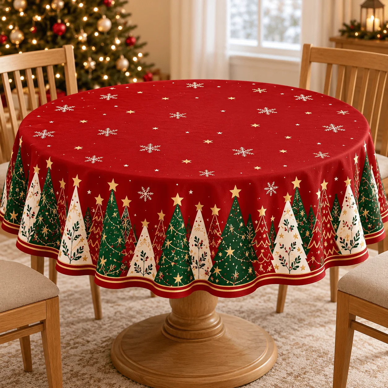 1 round tablecloth, Christmas tree snowflake star print tablecloth, classic red background with green and white Christmas tree