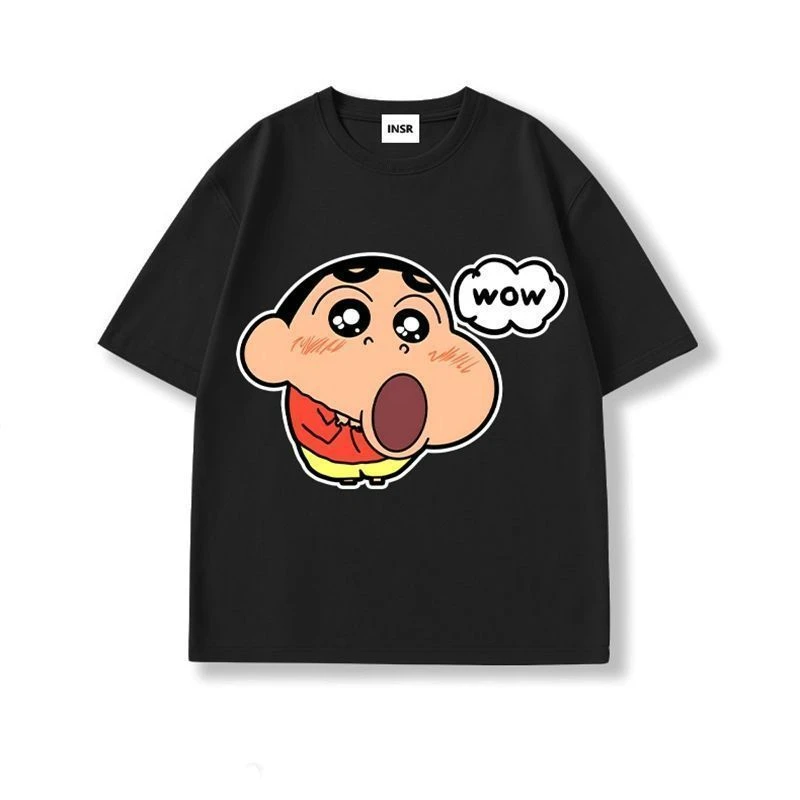 

MINISO Anime Crayon Shin-chan Summer Cartoon T-shirt Cotton Harajuku Tops for Men and Women Family Women Clothing Short Sleeves