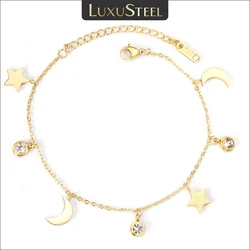 LUXUSTEEL Stainless Steel Star Moon Round Cubic Zirconia Pendants Women Link Chains Bracelets Simple Golden Color Extender