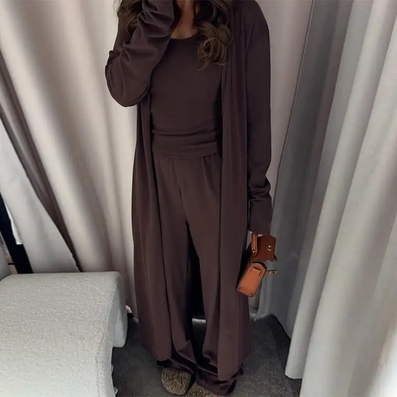 

Summer New Casual Three-Piece Suit Long Version Wide Leg Pants Vest Outerwear Women's Fashion Set Polyester Fiber Long Sleeve