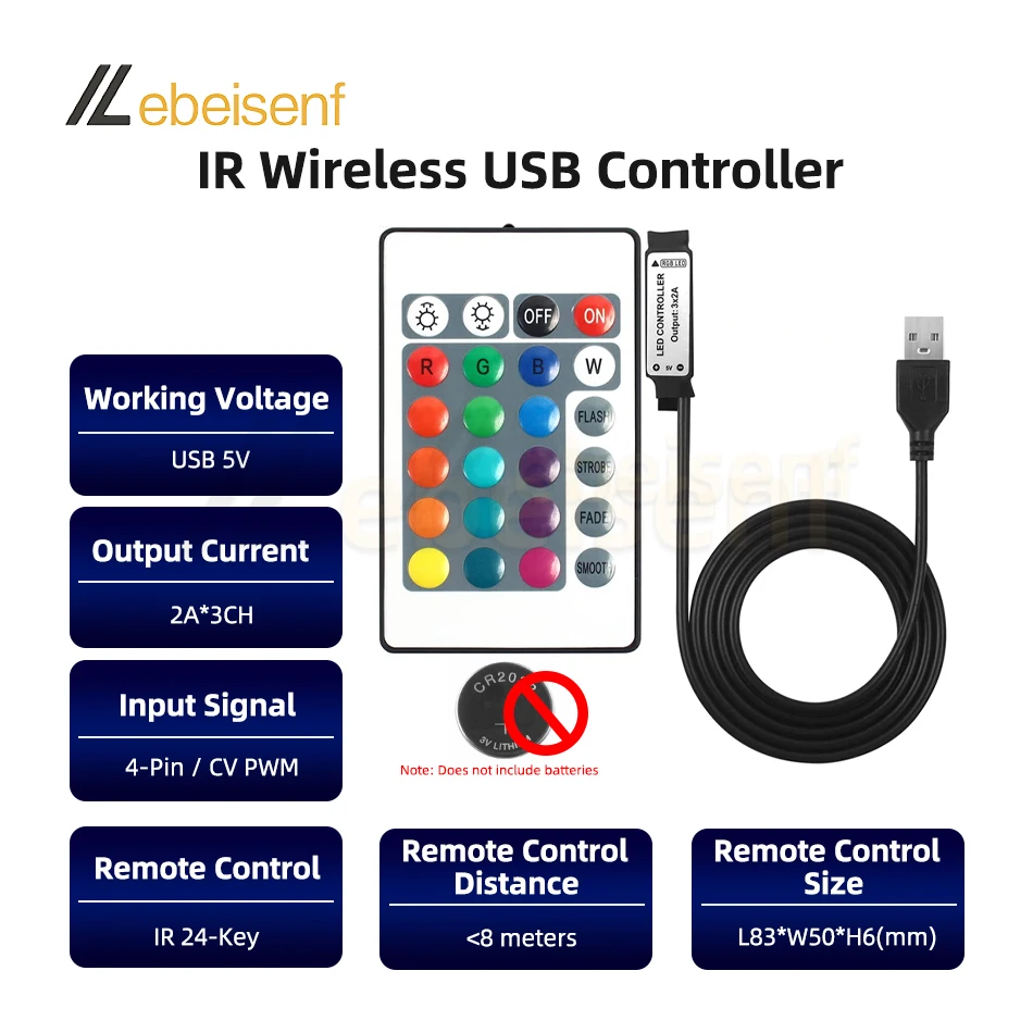 Full Set 5V USB RGB Strip Lights + Controller IR 24-Key Wireless Remote Control 1/2/3/4/5 M 60LEDs/M 2835 SMD LED Flexible Tape