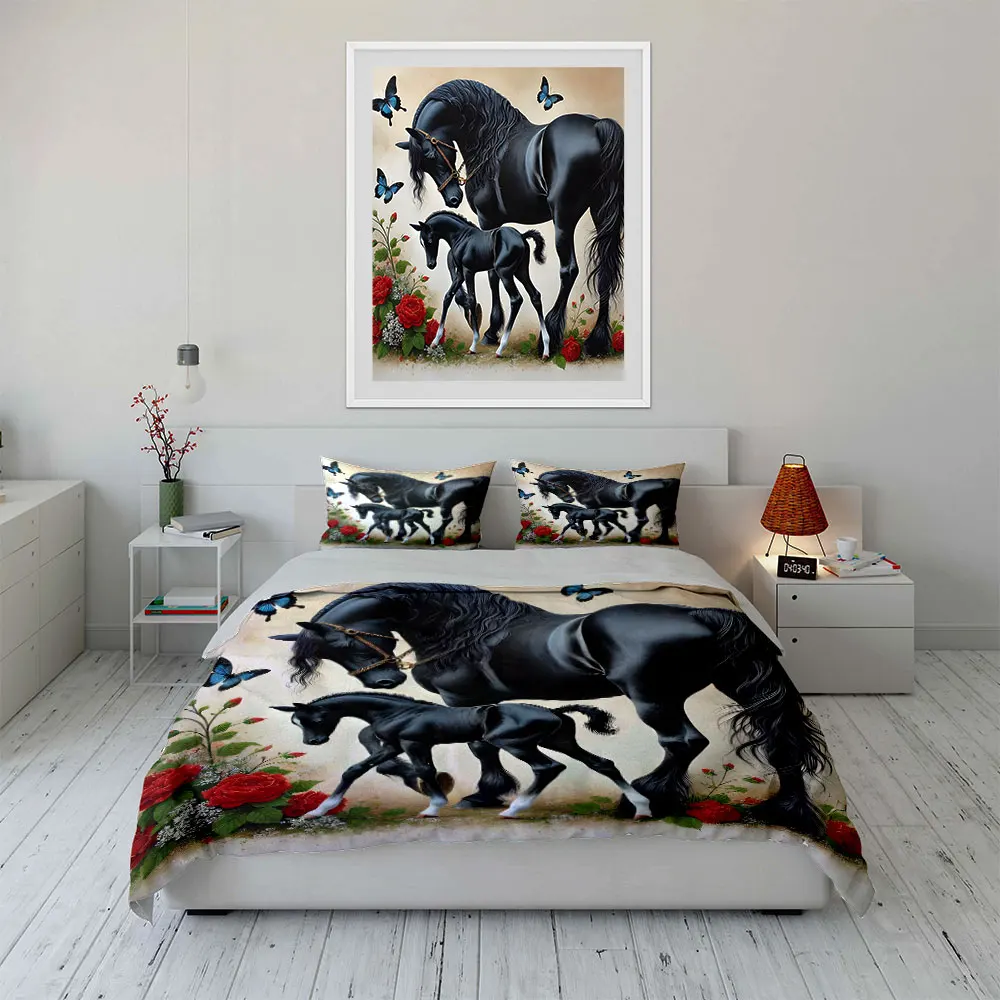 Black horses with butterflies and roses Duvet Cover Set with 3D Printing Design Soft Polyester Bedding Set All-Season Comfort