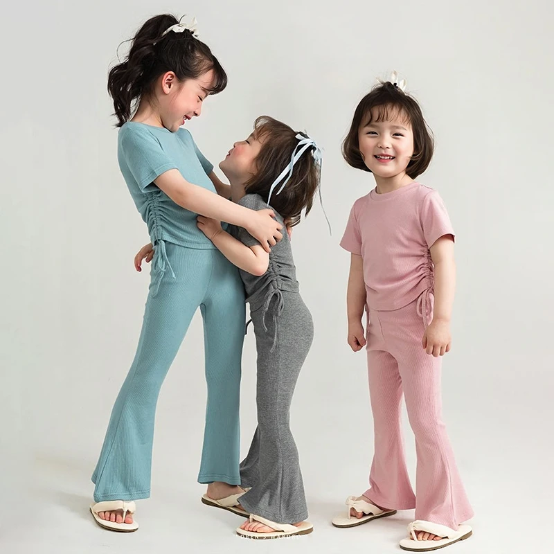 

Summer 2pcs Baby Clothes Sets for Girls Solid Color Cotton Short Sleeve T-shirt Flare Pants Set Fashion Kids Clothing 3-9years