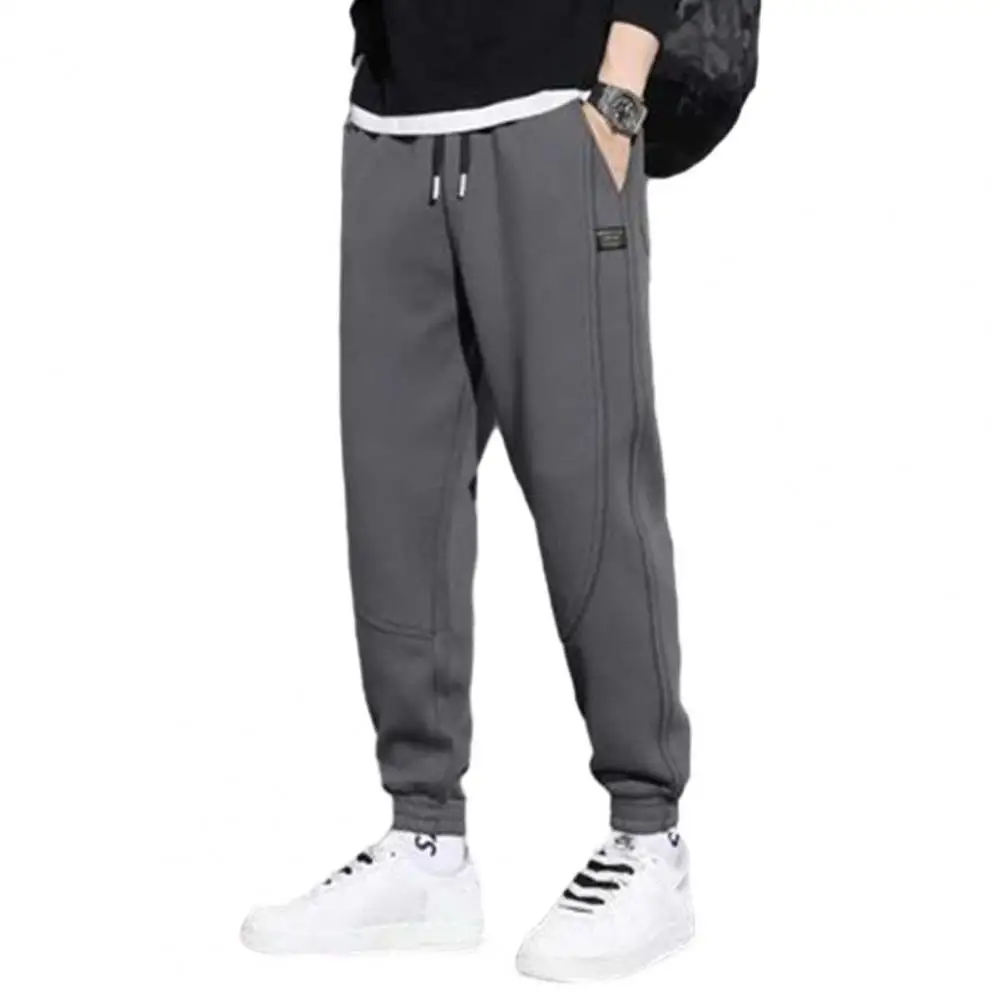 

Solid Color Fleece Pants Ankle-banded Trousers Men's Drawstring Elastic Waist Solid Color Sweatpants with for Spring