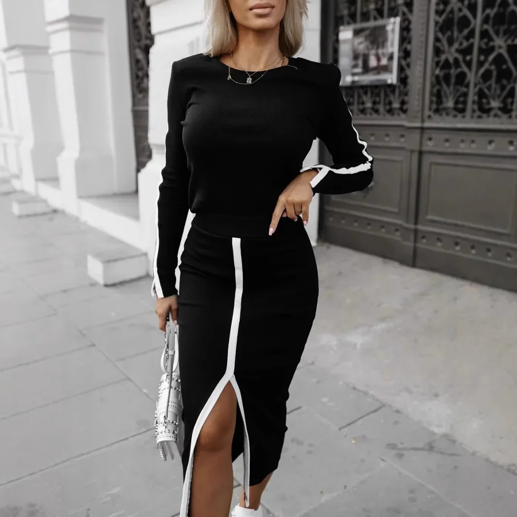 

Two Piece Skirt Set for Women New 2024 Autumn and Winter Fashion Long Sleeve Tops and Dress Solid Color Split Suits Streetwear