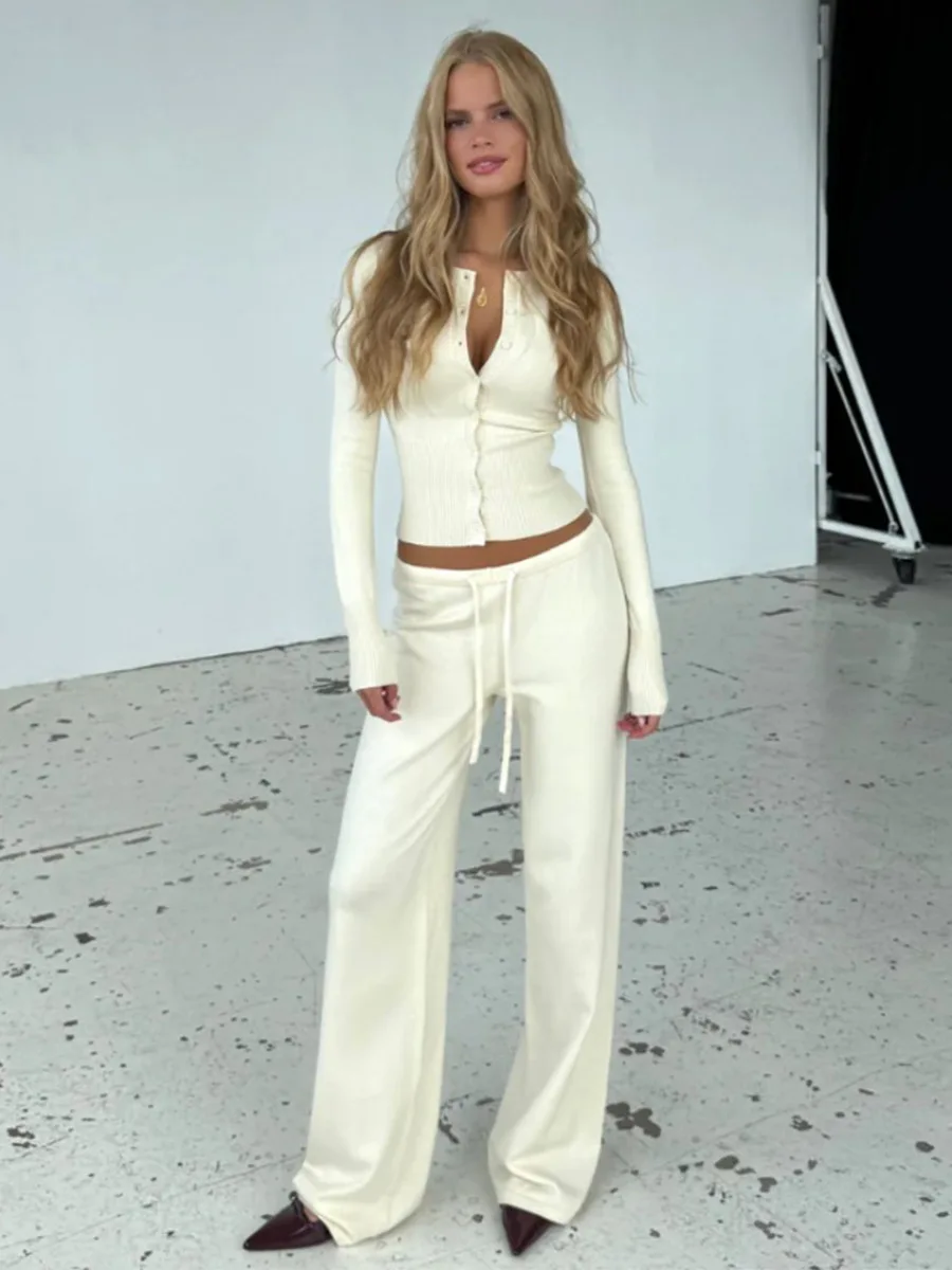 Women White Button V Neck Top Wide Leg Pants Set V-neck Long Sleeve Elastic Cuff Garment 2026 Daily Street Lounge Commute Attire