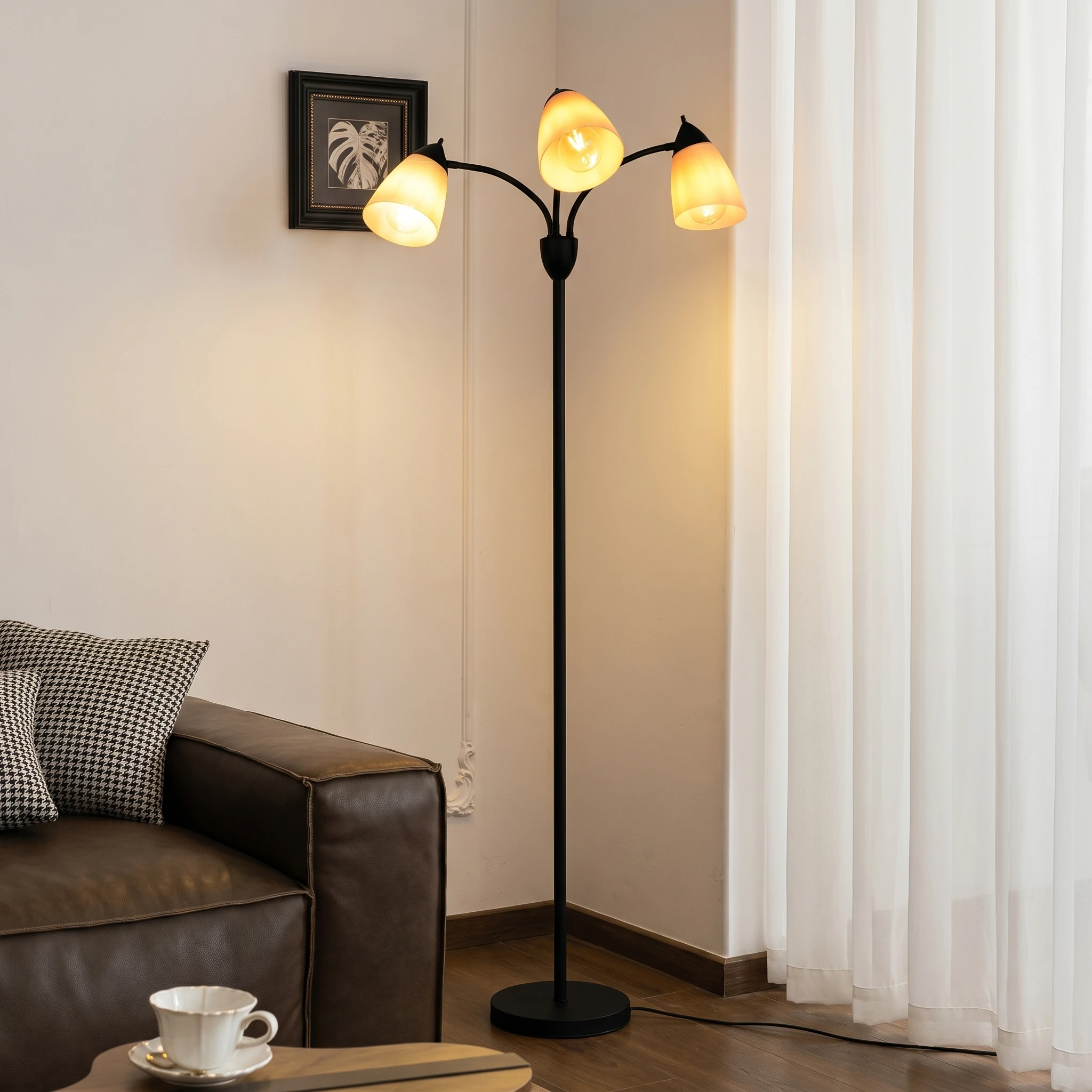 Lampe de sol moderne pour lecture, lampe de sol à 3 lumières noire avec lampe de lecture, lampe sur pied flexible et réglable pour chambre à coucher, bureau, salle d'étude, lampes de lecture modernes à plusieurs têtes, base E26